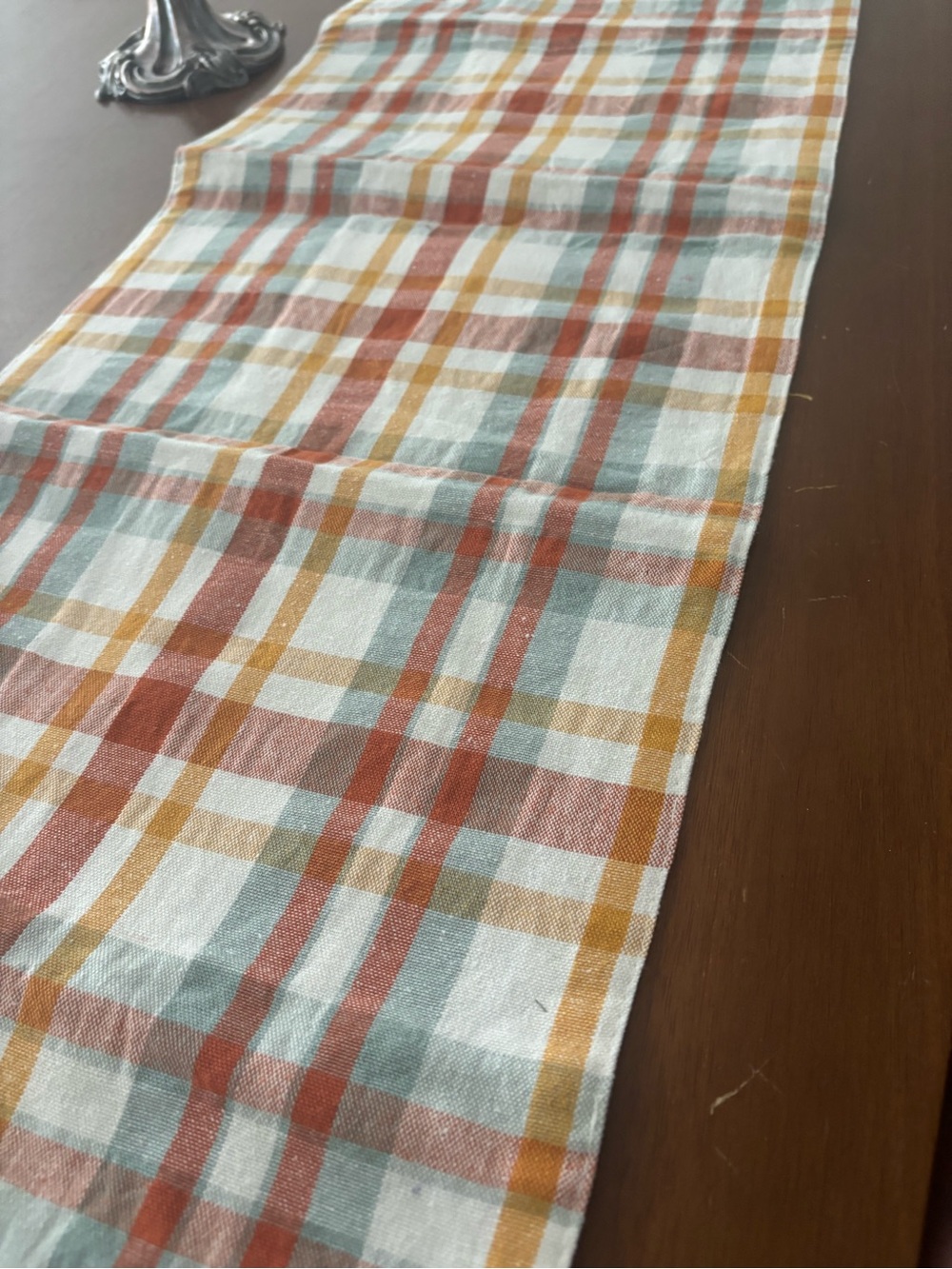 Plaid Table Runner Aqua, Lt Burnt Rust, Mustard Patterned Like New Final Sale